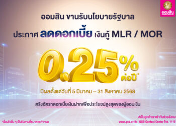 ออมสิน ประกาศลดดอกเบี้ยเงินกู้ MLR / MOR 0.25% ตรึงดอกเบี้ยเงินฝาก