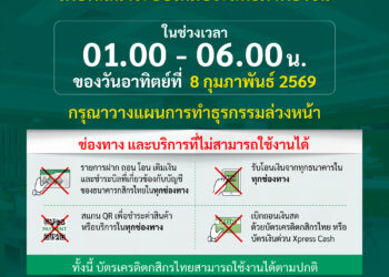 กสิกรไทยแจ้งปิดปรับปรุงระบบชั่วคราว ช่วง 01:00 – 06:00 น. ของวันที่ 8 ก.พ. 69
